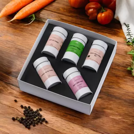 COFFRET EPICES PUBLICITAIRE 'COLLECTION 5 SAUPOUDREURS'