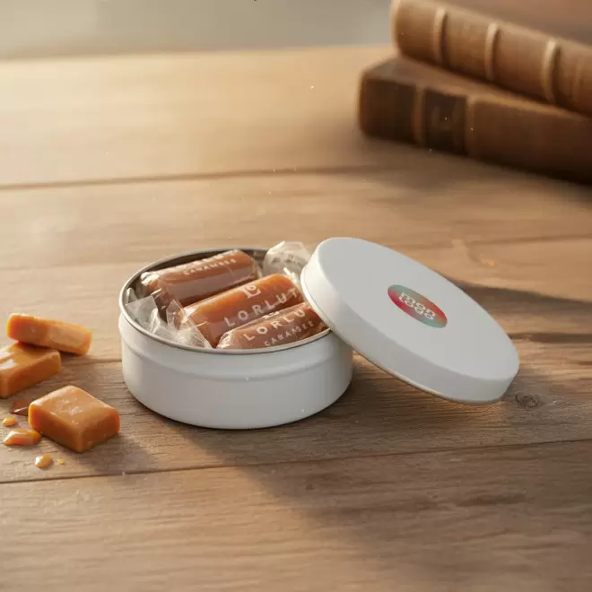 BOITE RONDE PERSONNALISABLE 3 CARAMELS LORLUT® 'GRANI'