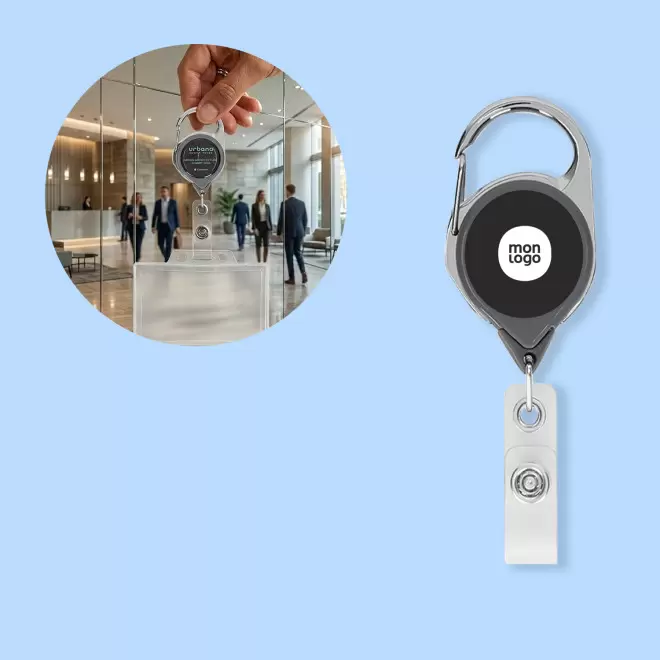 PORTE BADGE DEROULEUR PERSONNALISABLE 'DISTUBI MOUSQUETON'