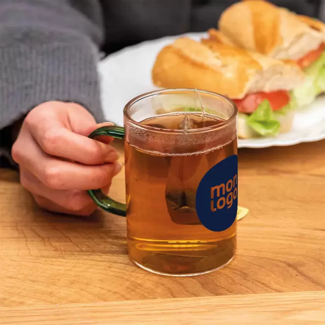 MUG VERRE 250 ML ANSE COLOREE PERSONNALISABLE 'HITNO'