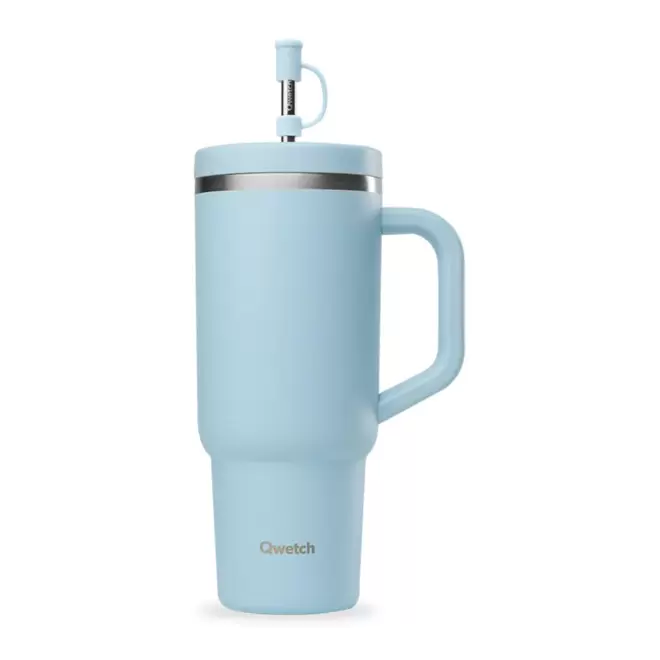 MUG ISOTHERME AVEC POIGNEE 900ML QWETCH® PERSONNALISABLE 'TRAVEL CUP' - bleu pastel