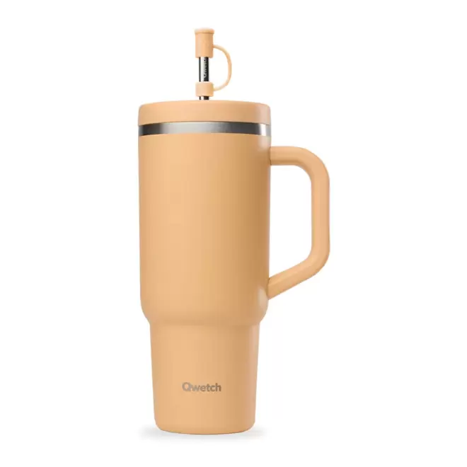 MUG ISOTHERME AVEC POIGNEE 900ML QWETCH® PERSONNALISABLE 'TRAVEL CUP' - abricot