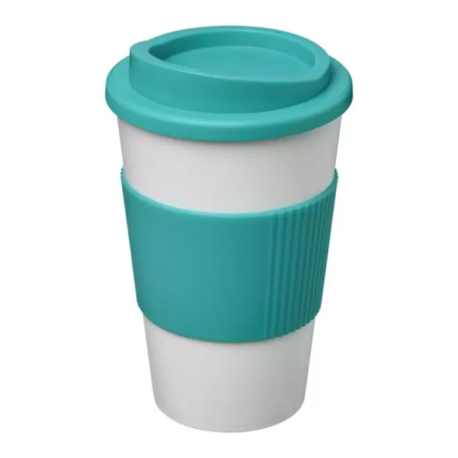 GOBELET PUBLICITAIRE GRIP ISOTHERME AMERICANO® 350 ML 'PULI' - blanc/turquoise