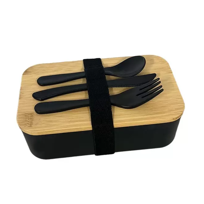 LUNCH BOX PERSONNALISABLE EN RPET AVEC COUVERTS 'COBERTA' - noir/bambou