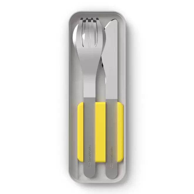 SET PERSONNALISABLE DE COUVERTS EN INOX 'SLIM BOX' - gris jaune