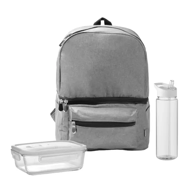 SET LUNCHBOX PUBLICITAIRE SAC ET BOUTEIILE 'LUNCHRY' - gris/blanc