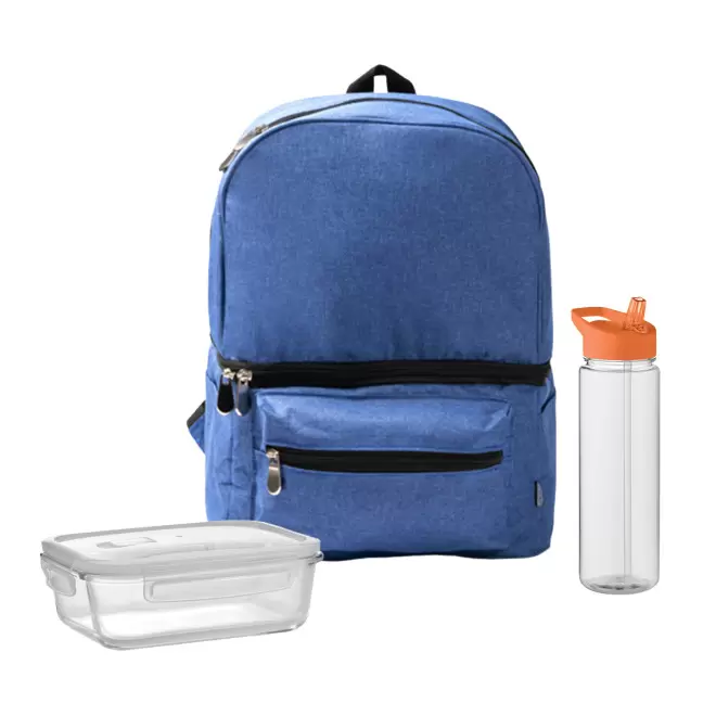 SET LUNCHBOX PUBLICITAIRE SAC ET BOUTEIILE 'LUNCHRY' - bleu/orange