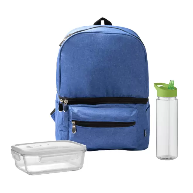 SET LUNCHBOX PUBLICITAIRE SAC ET BOUTEIILE 'LUNCHRY' - bleu/vert