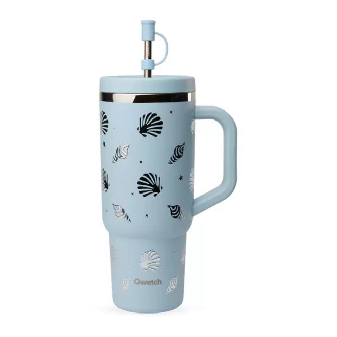 MUG ISOTHERME AVEC POIGNEE QWETCH® PERSONNALISABLE 'TRAVEL CUP' - évasion bleu