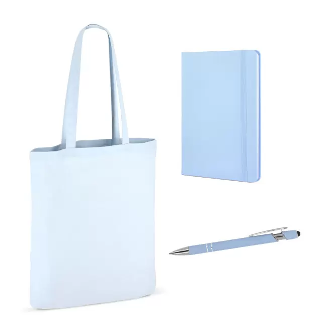 SET SAC CARNET ET STYLO PERSONNALISABLE 'BUSY' - bleu pastel