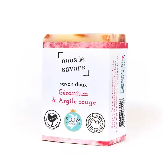 SAVON DOUX BIO 100G PERSONNALISE 'MOUSSING' - géranium et argile rouge