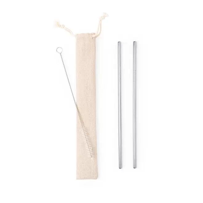 SET DE 2 PAILLES RÉUTILISABLES PUBLICITAIRE EN MÉTAL 'JUPI' - beige