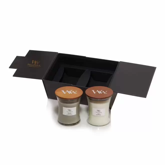 COFFRET 2 BOUGIES MECHE BOIS PERSONNALISABLE 'WOODWICK' - gris