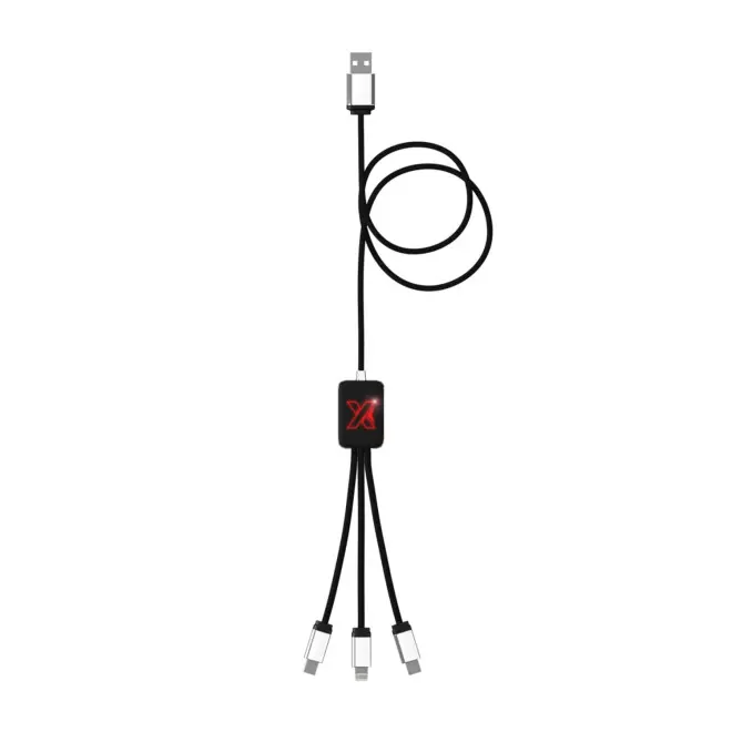 CÂBLE DE CHARGE LONG 3 EN 1 SCX® PERSONNALISÉ AVEC LOGO LUMINEUX 'MERET' - noir/rouge