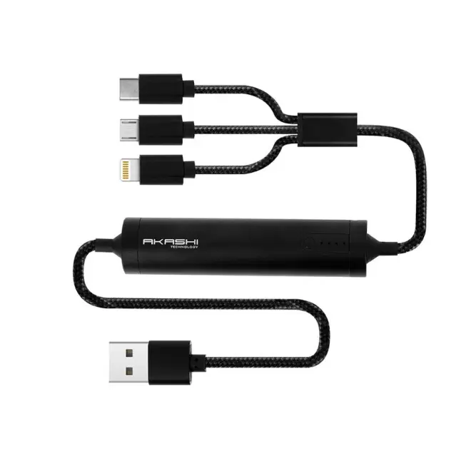 CÂBLE USB PERSONNALISÉ 3 EN 1 AVEC BATTERIE DE SECOURS AKASHI® 'CONNEXIO' - noir