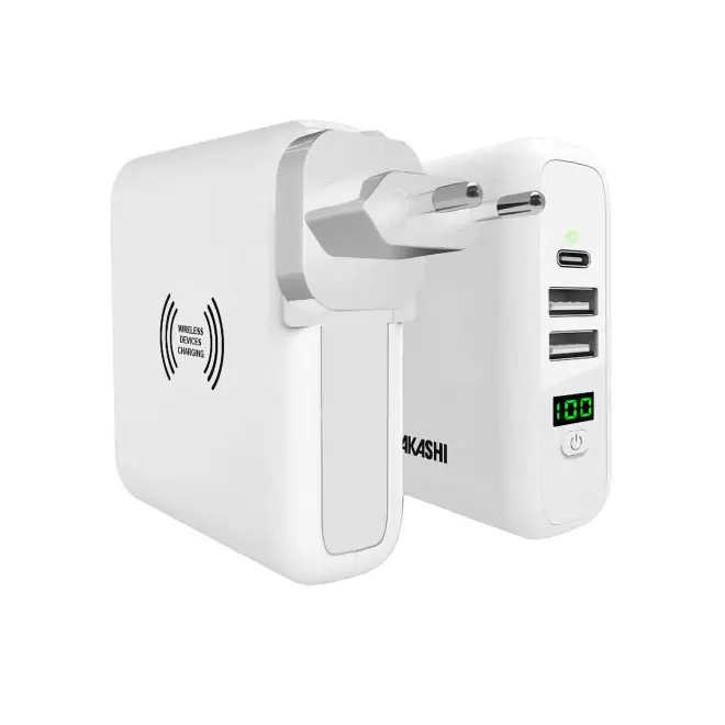 CHARGEUR DE VOYAGE PERSONNALISÉ UNIVERSEL 3-EN-1 'RAPIO' - blanc