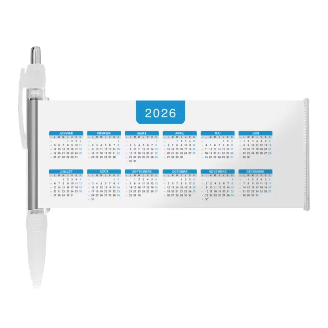 STYLO BANNIERE CALENDRIER PERSONNALISABLE 'SCROLL DATE' - blanc grille_bleue