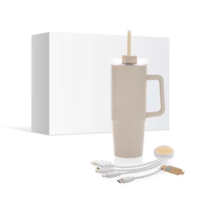 PACK MUG ET CABLE DE CHARGE PERSONNALISE 'BRANKZI' - beige/blanc