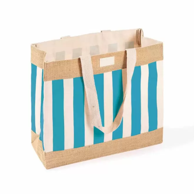 CABAS EN COTON ET JUTE RAYEE PERSONNALISE 'RAYOZA' - bleu