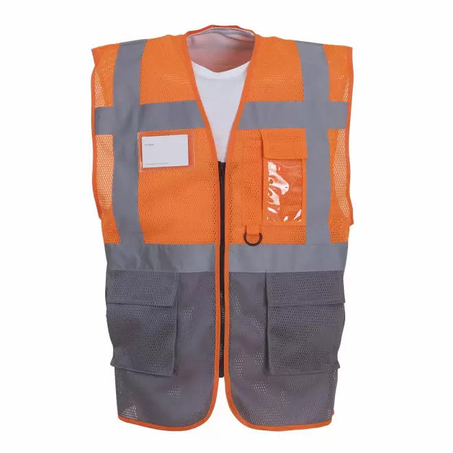 GILET SECURITE PERSONNALISE 'BERLIN MESH RPET' - orange/gris