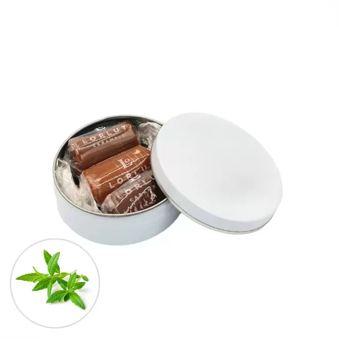 BOITE RONDE PERSONNALISABLE 3 CARAMELS LORLUT® 'GRANI' - verveine - chocolat