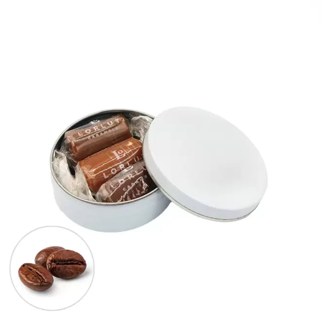BOITE RONDE PERSONNALISABLE 3 CARAMELS LORLUT® 'GRANI' - expresso - chocolat