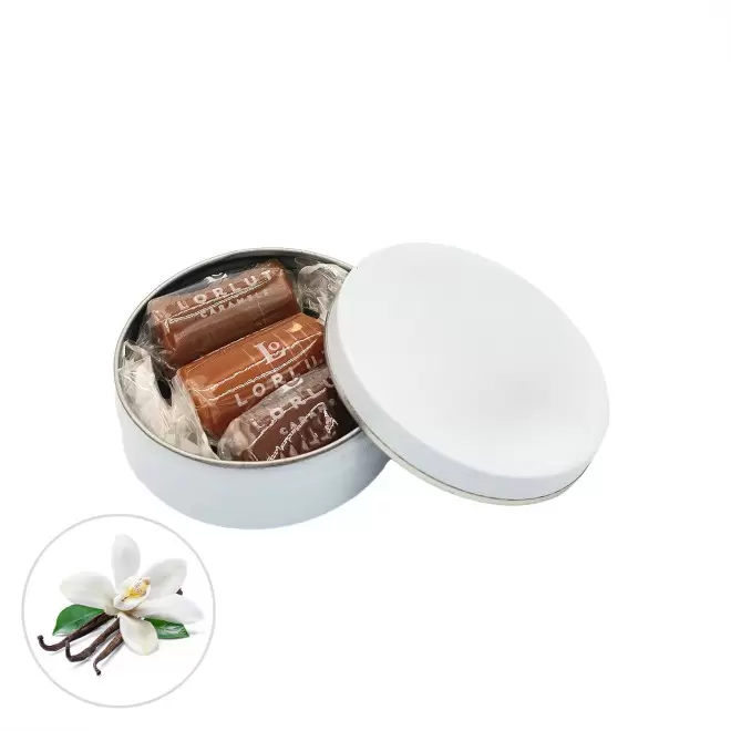 BOITE RONDE PERSONNALISABLE 3 CARAMELS LORLUT® 'GRANI' - vanille de Tahiti
