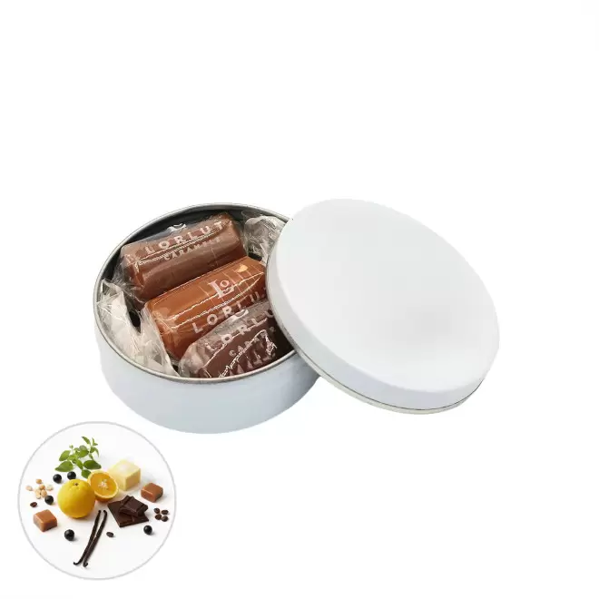 BOITE RONDE PERSONNALISABLE 3 CARAMELS LORLUT® 'GRANI' - assortiment