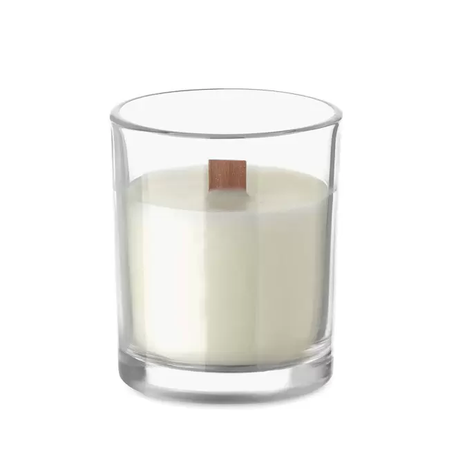 BOUGIE PARFUMEE MECHE BOIS PERSONNALISABLE 'BANILBO S' - transparent