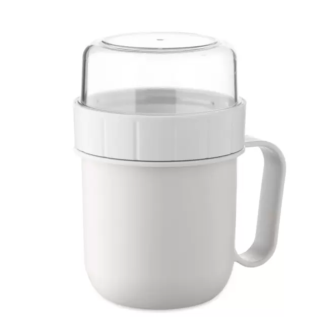 MUG EN PP AVEC COMPARTIMENT 450ML PERSONNALISABLE 'MOUSLI' - blanc