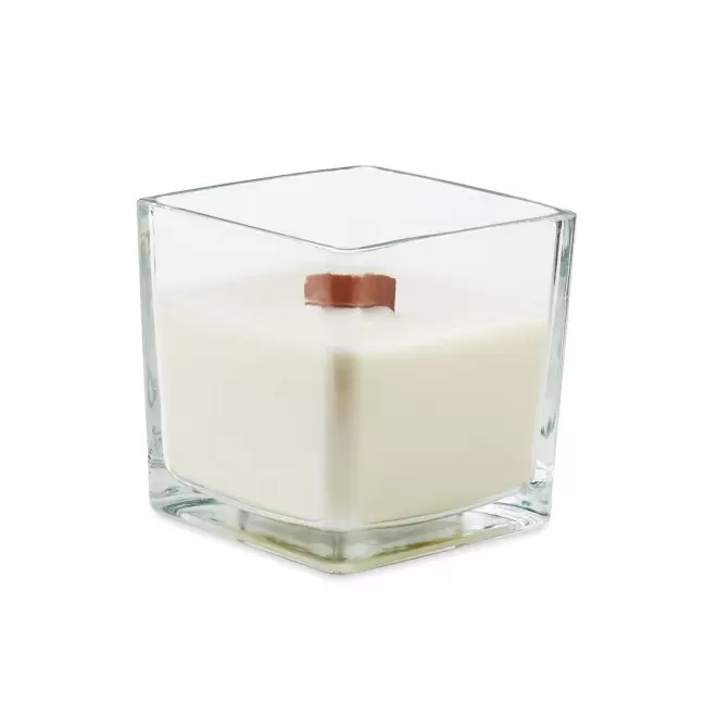 BOUGIE PARFUMEE MECHE BOIS PERSONNALISABLE 'BANILBO M' - transparent