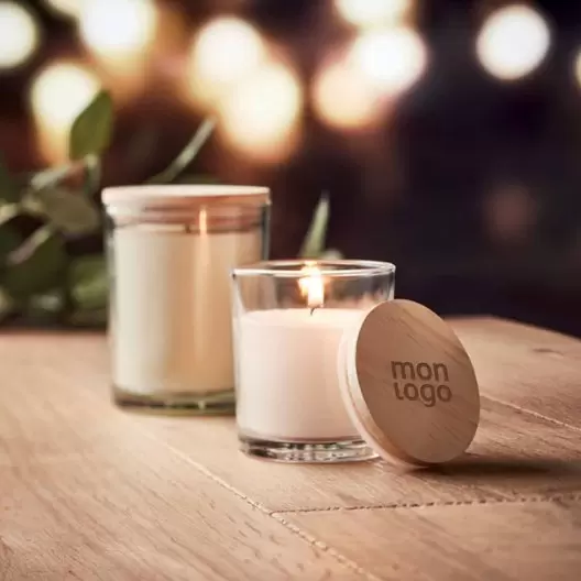 BOUGIE PUBLICITAIRE PARFUMÉE COUVERCLE BAMBOU 'BANILA'