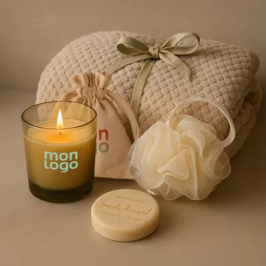 SET PERSONNALISABLE PLAID BOUGIE SAVON ET EPONGE 'MAIZON'