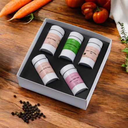 COFFRET EPICES PUBLICITAIRE 'COLLECTION 5 SAUPOUDREURS'