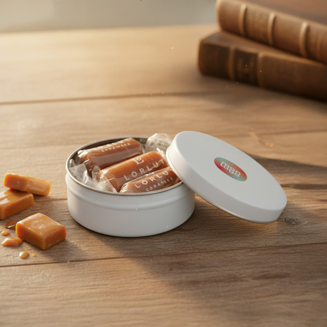 BOITE RONDE PERSONNALISABLE 3 CARAMELS LORLUT® 'GRANI'