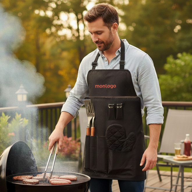 TABLIER BARBECUE AVEC 7 USTENSILES PERSONNALISABLE 'TED'