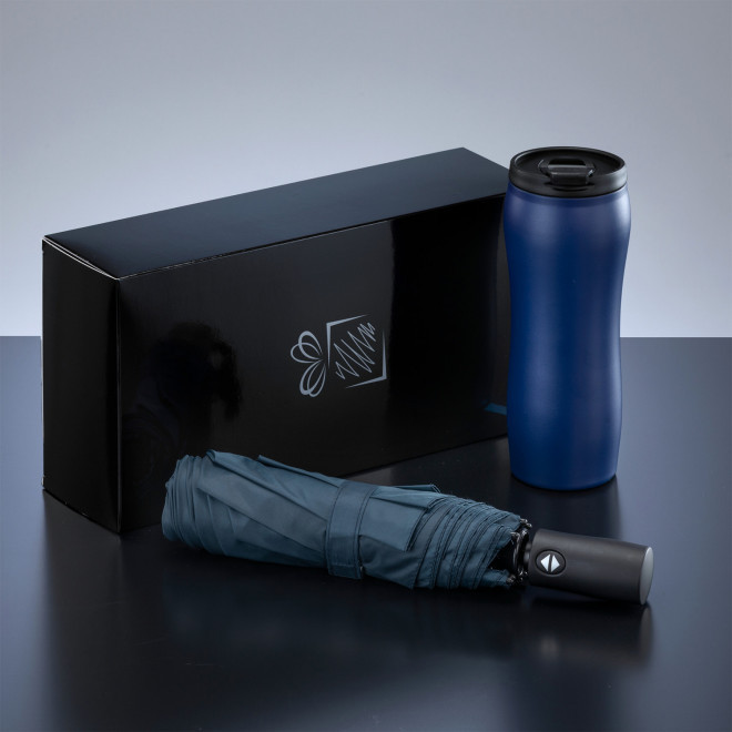 COFFRET PARAPLUIE ET MUG 400ML PERSONNALISABLE 'UMBRI' - bleu foncé
