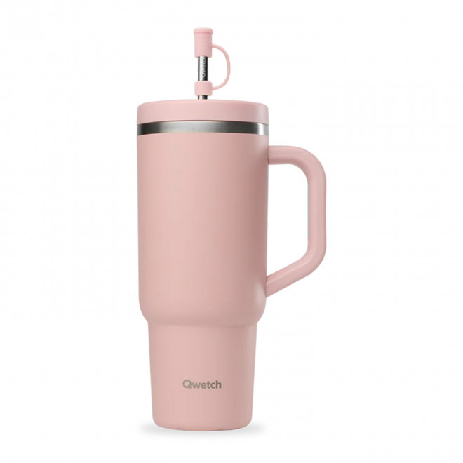 MUG ISOTHERME AVEC POIGNEE 900ML QWETCH® PERSONNALISABLE 'TRAVEL CUP' - rose pastel