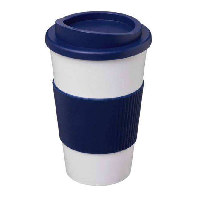 GOBELET PUBLICITAIRE GRIP ISOTHERME AMERICANO® 350 ML 'PULI' - blanc/bleu foncé