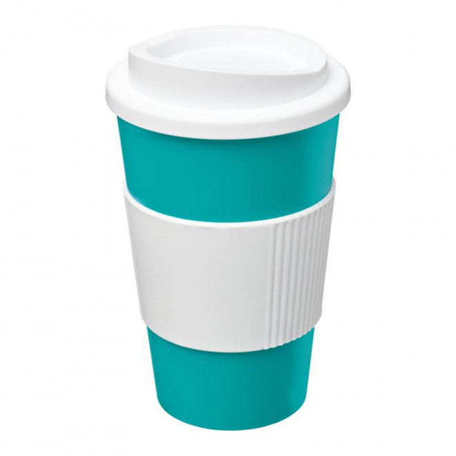 GOBELET PUBLICITAIRE GRIP ISOTHERME AMERICANO® 350 ML 'PULI' - turquoise/blanc