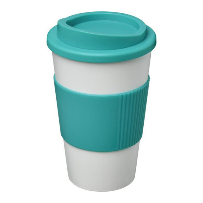 GOBELET PUBLICITAIRE GRIP ISOTHERME AMERICANO® 350 ML 'PULI' - blanc/turquoise