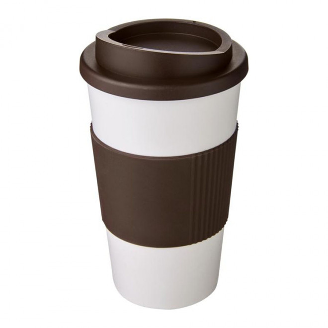 GOBELET PUBLICITAIRE GRIP ISOTHERME AMERICANO® 350 ML 'PULI' - blanc/marron