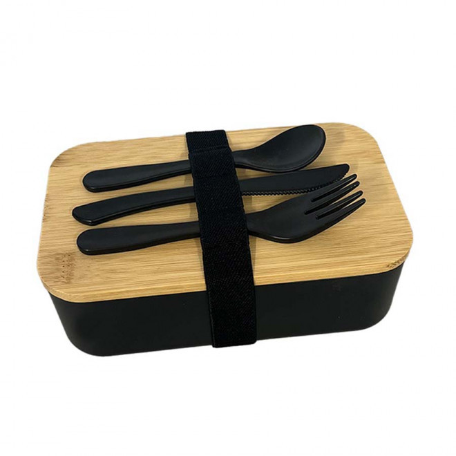 LUNCH BOX PERSONNALISABLE EN RPET AVEC COUVERTS 'COBERTA'  - noir/bambou