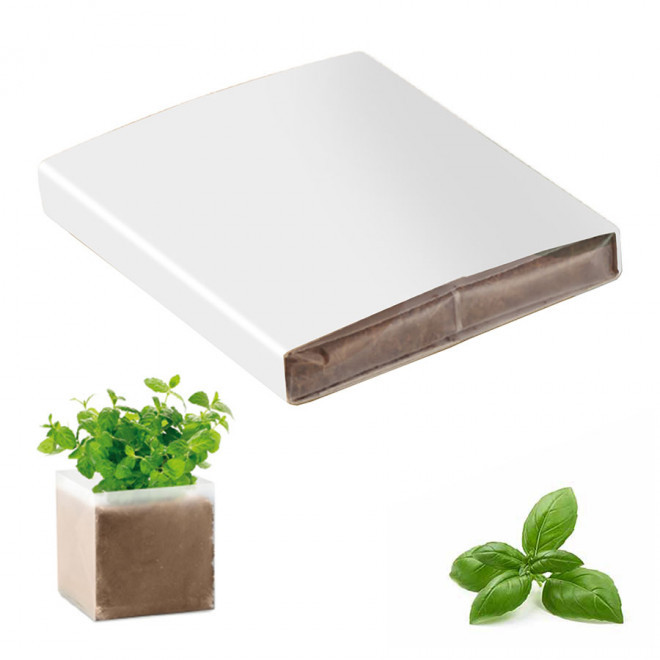 KIT PLANTATION PUBLICITAIRE SACHET PAPIER BLANC 'MUNDA QUADRI'  - basilic