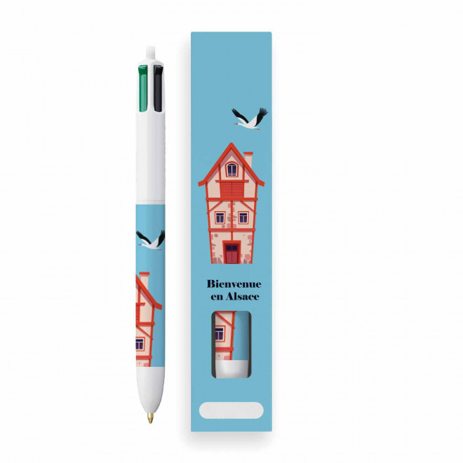 BOITE PERSONNALISABLE 1 STYLO BIC 4 COULEURS 'ALSACE' - bleu