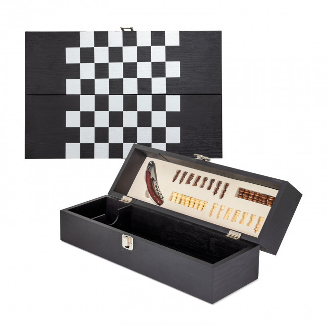 COFFRET A VIN AVEC JEUX ECHECS PERSONNALISABLE 'PION' - noir