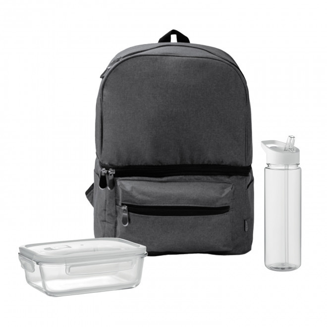 SET LUNCHBOX PUBLICITAIRE SAC ET BOUTEIILE 'LUNCHRY' - noir/blanc