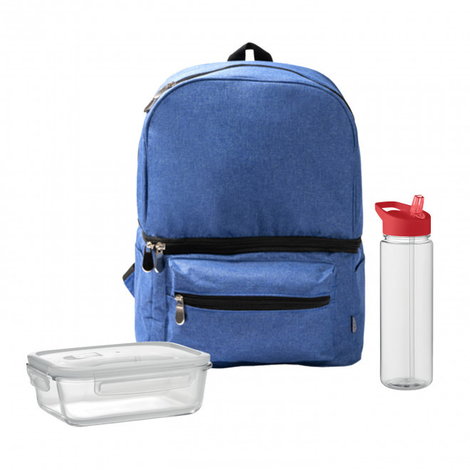 SET LUNCHBOX PUBLICITAIRE SAC ET BOUTEIILE 'LUNCHRY' - bleu/rouge
