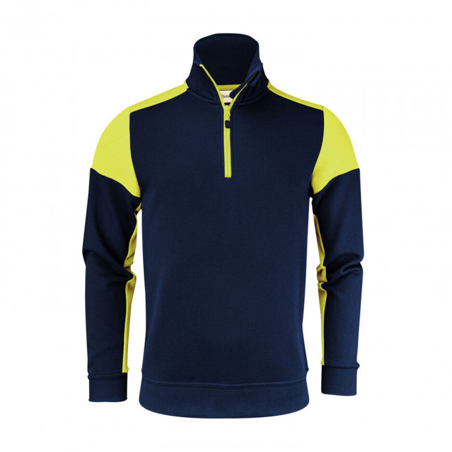 SWEAT DEMI ZIP MIXTE PERSONNALISABLE 'PRIME SWEAT HALF' - bleu marine/jaune
