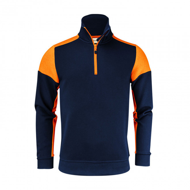 SWEAT DEMI ZIP MIXTE PERSONNALISABLE 'PRIME SWEAT HALF' - bleu marine/orange